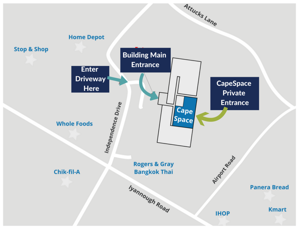 Map showing main entrance and private entrance. Description located under location heading.