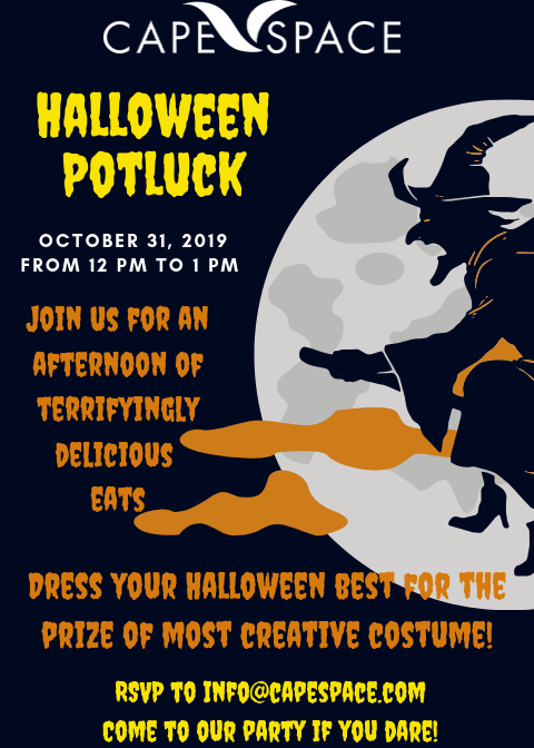 Halloween Flier captioned "Halloween Potluck October 31, 2019 from 12pm to 1pm. Join us for an afternoon of terrifyingly delicious eats. Dress your halloween best for the prize of most creative costume"