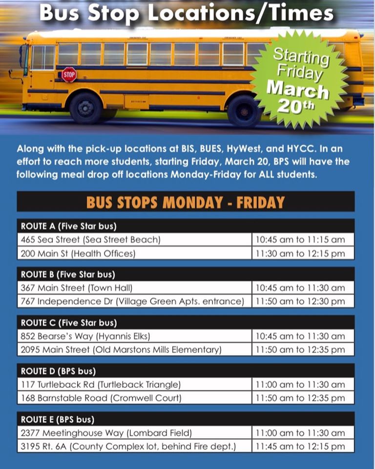 A list of bus stop drop-offs for Barnstable's Grab and Go Program for those in this Mid-Cape Community