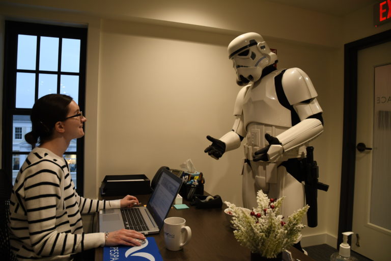 Stormtrooper talking to receptionist at CapeSpace