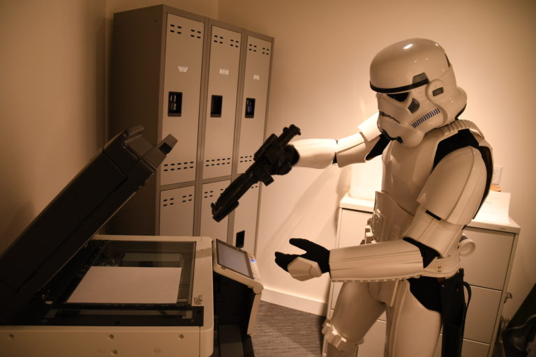 Stormtrooper shooting scanner at CapeSpace